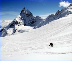 Dropping into Zermatt with the Matterhorn in the background on the last day of the Haute Route.