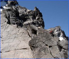 Guide and client one pitch below Great Gendarme Pitch on Mt. Stuart.